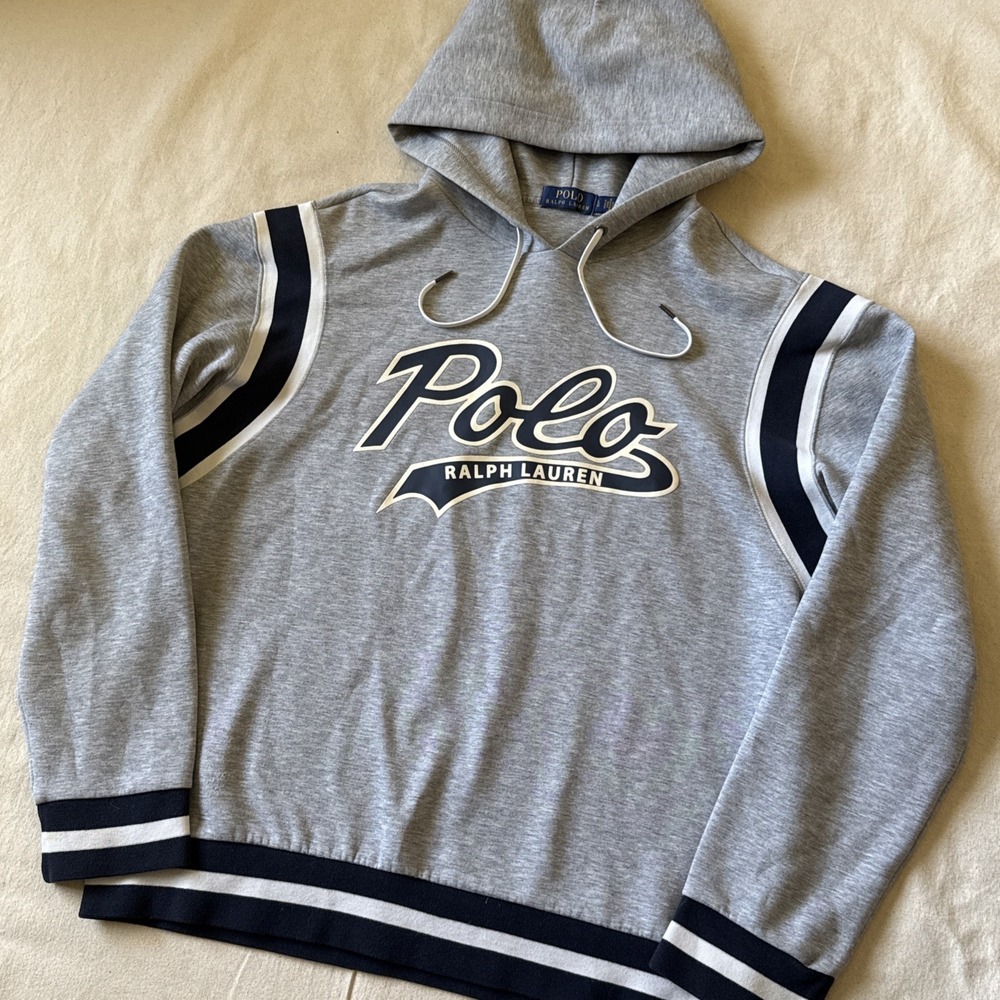 Polo Ralph Lauren Hoodie Mens Sz Large Grey Blue Script Spell Out Varsity RL*